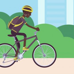 A graphic of a young black African student on a bike