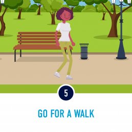 A graphic of a young black African student going for a walk in a park